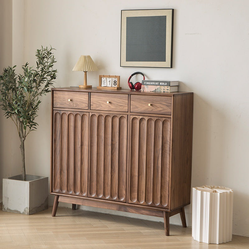 Solid Wood Sideboard Cabinet with Fluted Doors – Modern Walnut Storage Cabinet