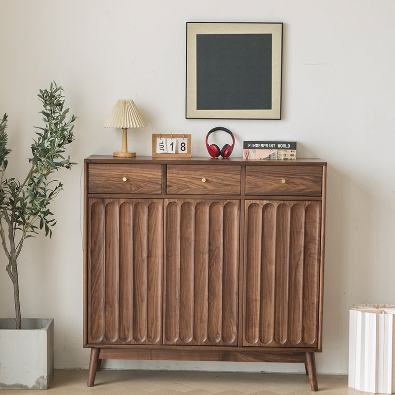 Solid Wood Sideboard Cabinet with Fluted Doors – Modern Walnut Storage Cabinet