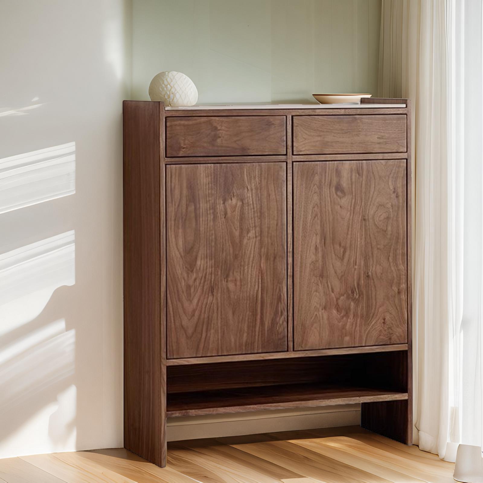 Solid Wood Storage Cabinet with Drawers – Walnut Shoe Cabinet Organizer