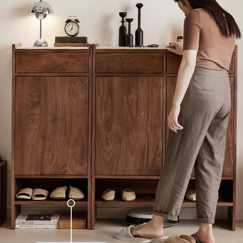 Solid Wood Storage Cabinet with Drawers – Walnut Shoe Cabinet Organizer