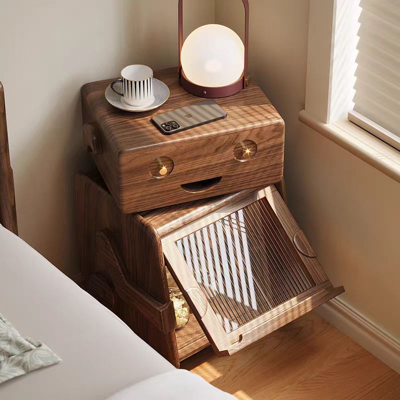 Solid Wood Creative Nightstand with Storage Cabinet – Cute Face Bedside Table
