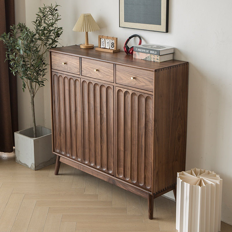 Solid Wood Sideboard Cabinet with Fluted Doors – Modern Walnut Storage Cabinet